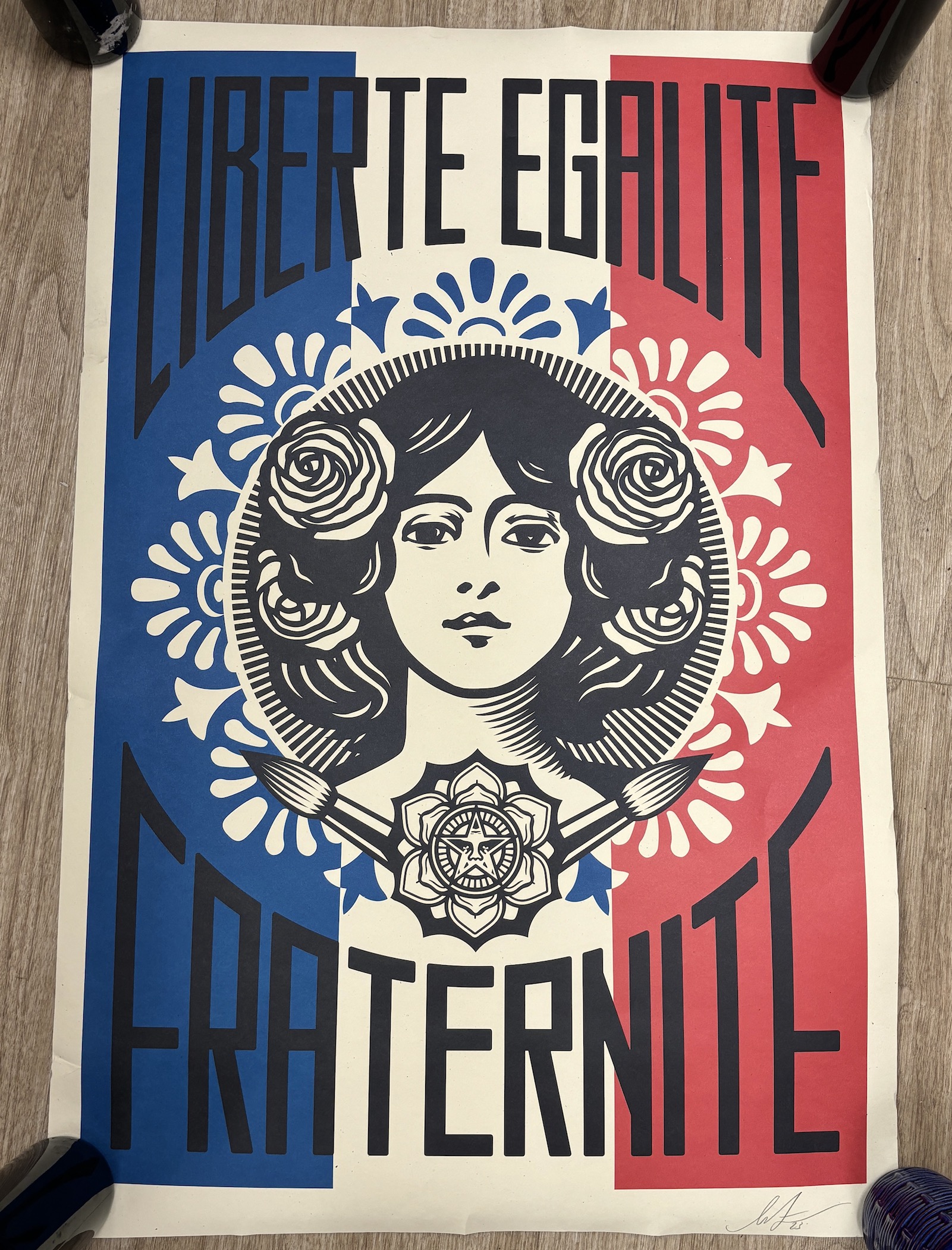 Shepard Fairey (b.1970)- coloured print, Liberté, Egalité, Fraternité, signed in pencil, unframed, 90 x 60cm